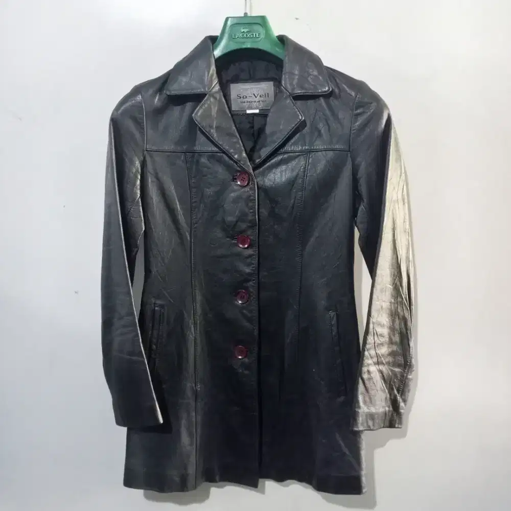 So-Veil Black Leather Blazer Coat Red Buttons • Mantel Kasual Wanita