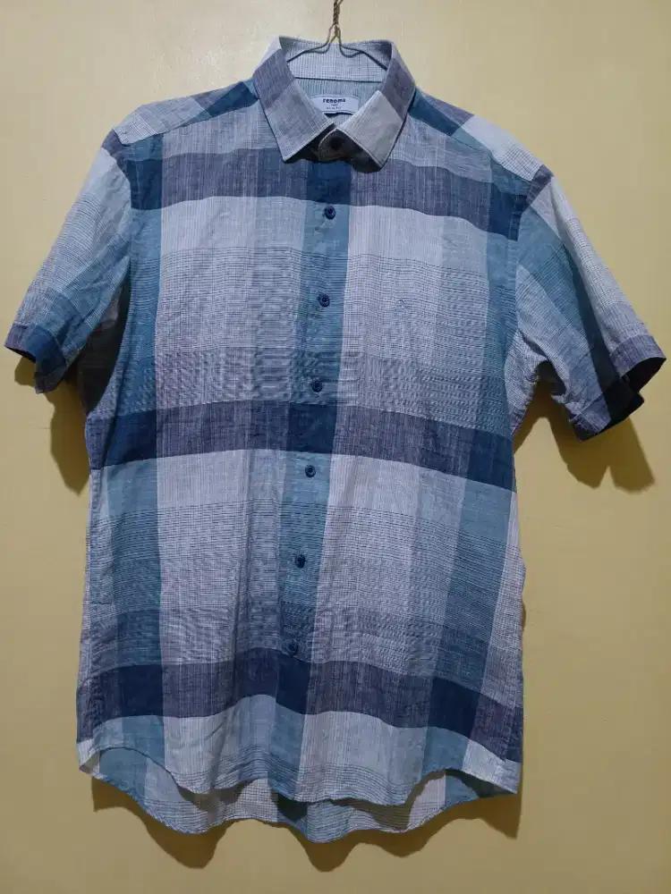 Kemeja Renoma, motif kotak paduan warna hijau abu-abu, sz S to M