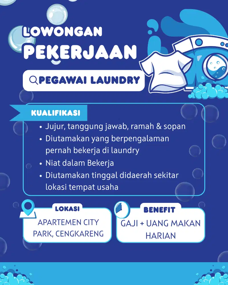 DICARI  PEGAWAI LAUNDRY  YANG BERPENGALAMAN SEGERA SECEPATNYA