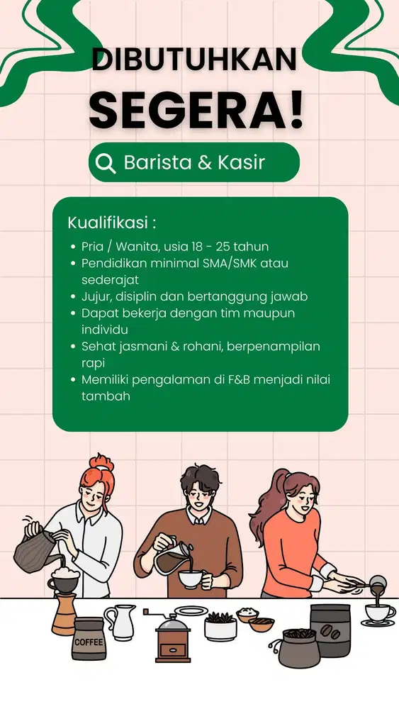 LOWONGAN CREW OUTLET KEDAI KOPI (BARISTA + KASIR)