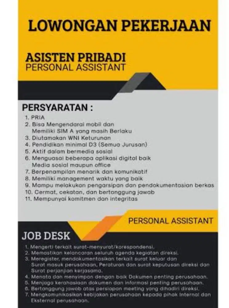 Dibutuhkan segera asisten pribadi