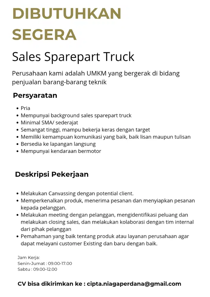 Dibutuhkan sales sparepart truck area jabodetabek