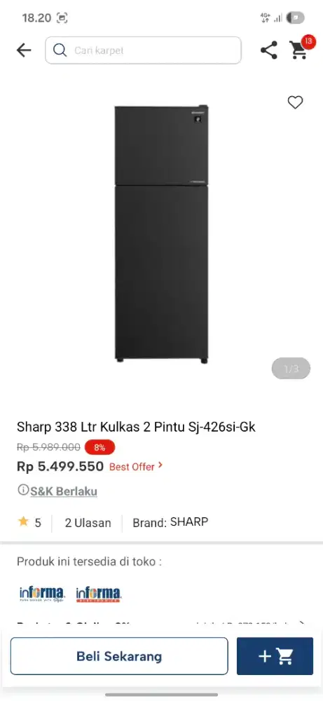 Ready stok kulkas dharp 2 pintu