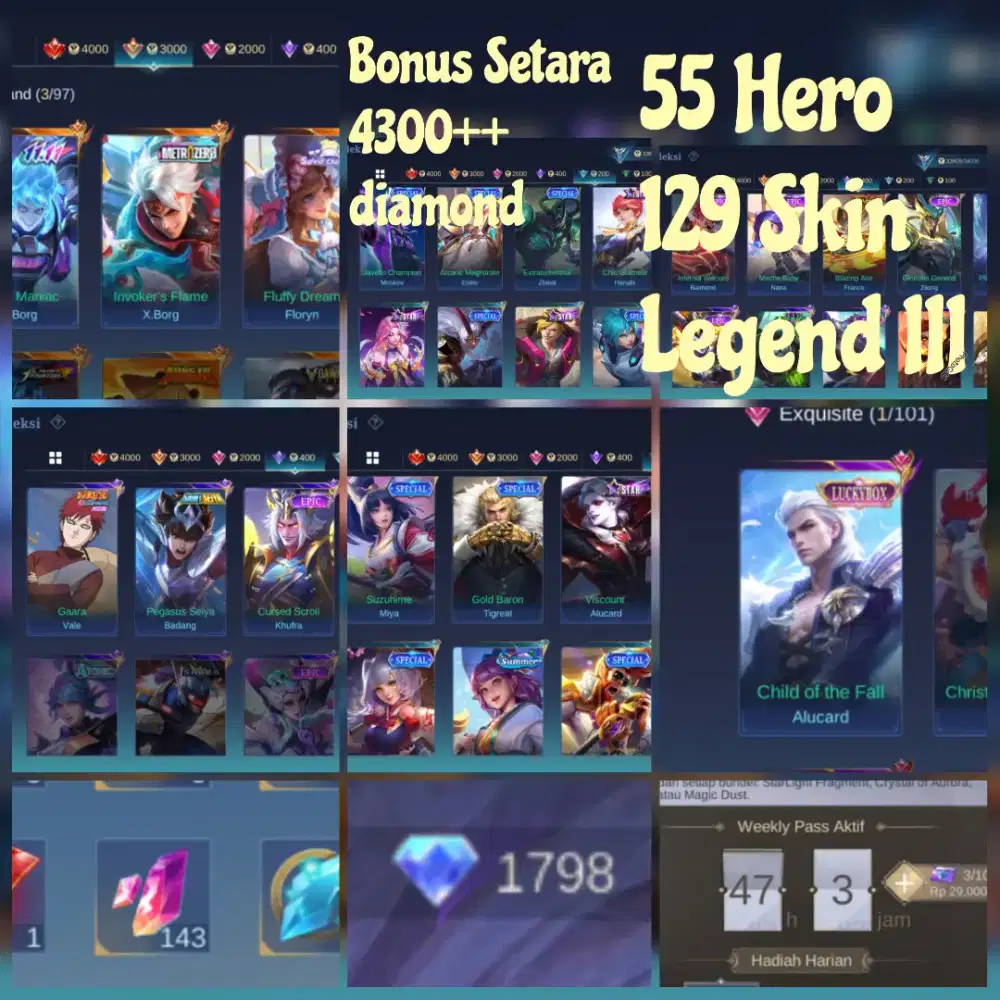 Akun Mobile Legend SkinXborg bonus setara 4300+ Diamond 55Hero 129Skin