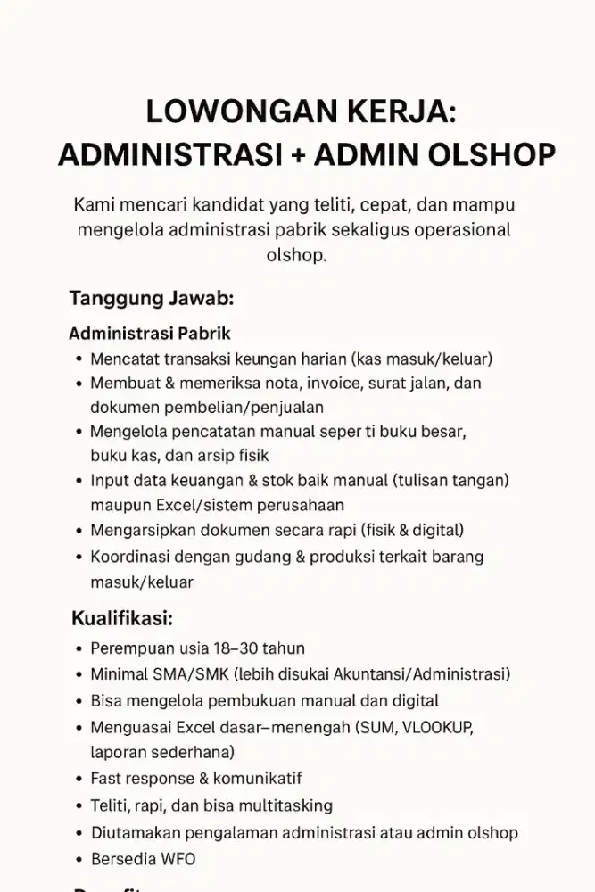 LOWONGAN KERJA: ADMINISTRASI + ADMIN OLSHOP