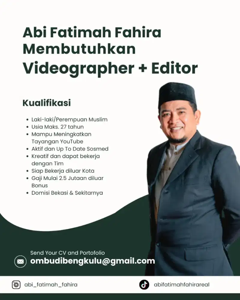 Dibutuhkan Cepat Videographer + Editor untuk YouTube