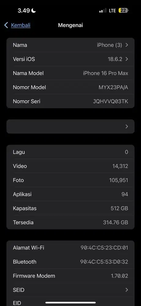 HANDPHONE HP APPLE 512GB IPHONE 16 PRO MAX 512GB SUPER LIKE NEW