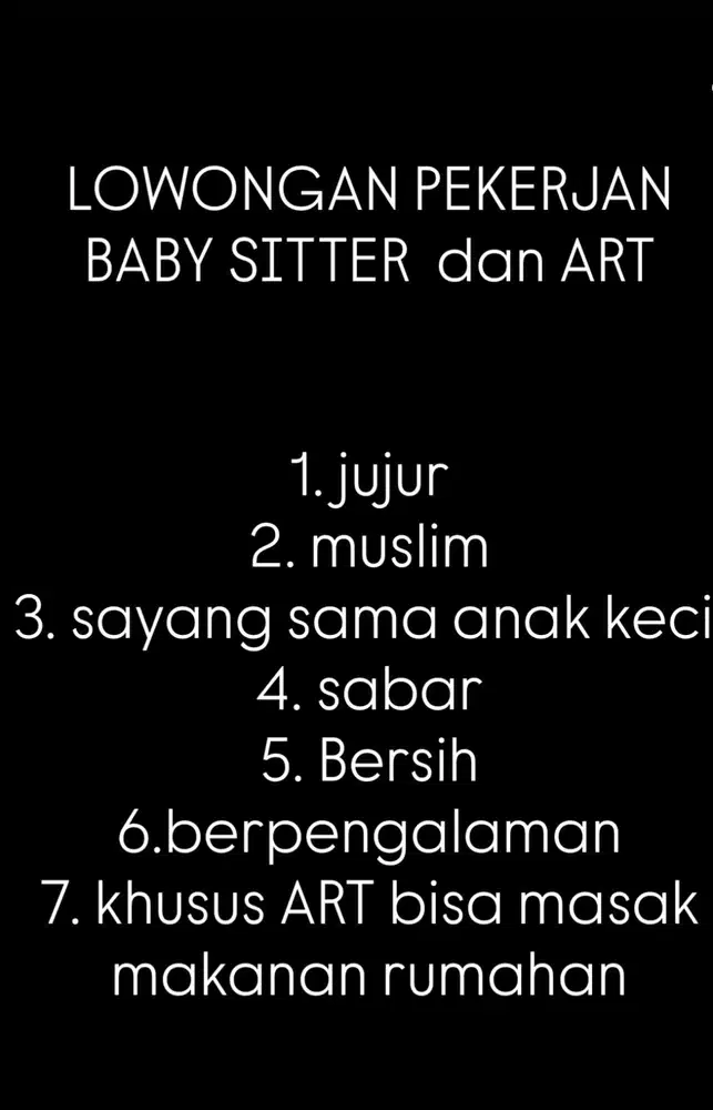 Lowongan pekerjaan ART / Baby Sitter