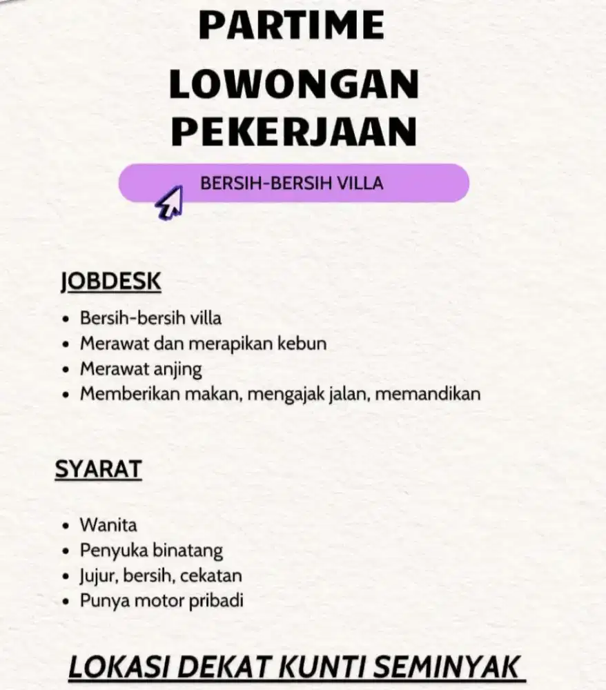 Partime Loker Bersih-Bersih Villa