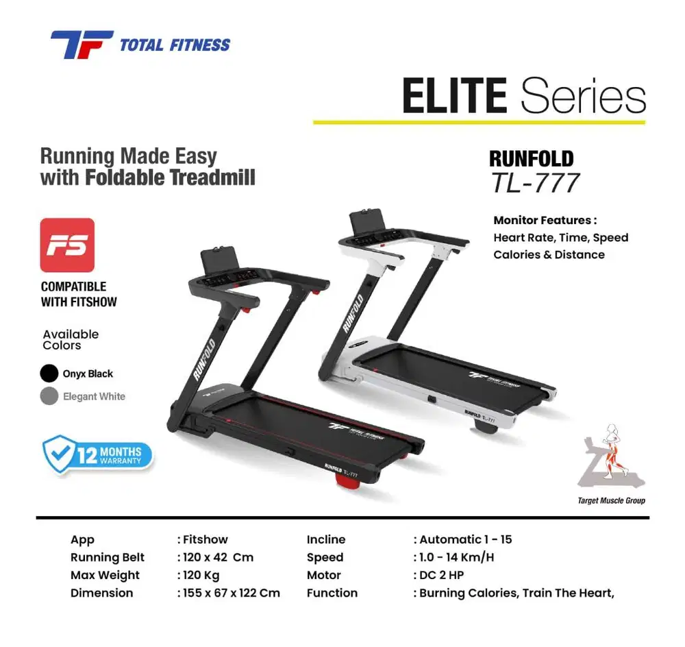 Treadmill Elektrik Lipat Total Fitness TL-777 | Auto Incline 15 Level,