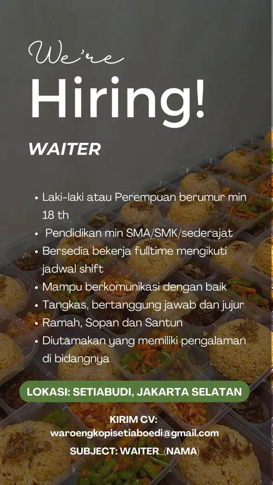 DICARI SUPERVISOR, KASIR, BARISTA, WAITER DAN JURU MASAK