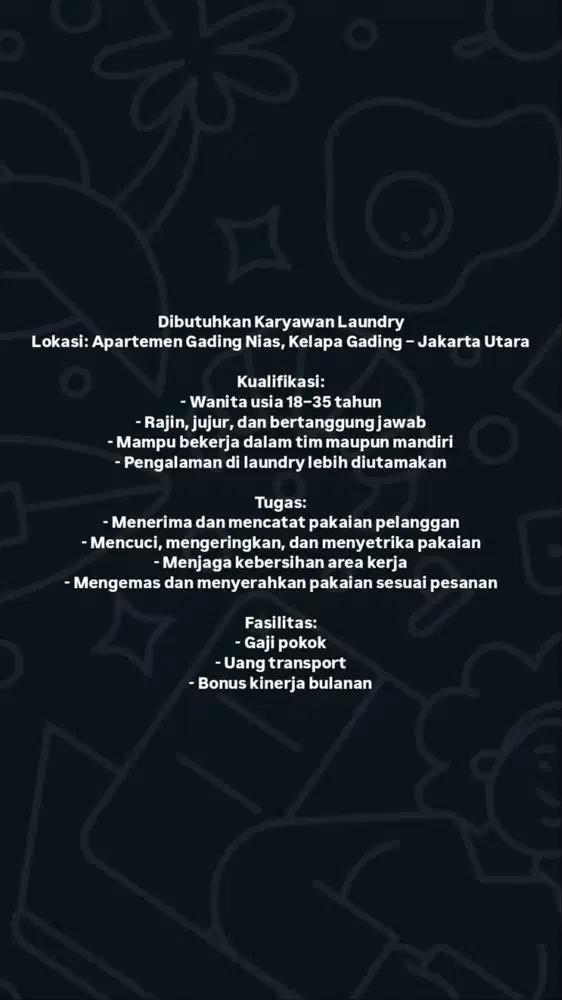 Tenaga laundry pengalaman/tidak pengalaman