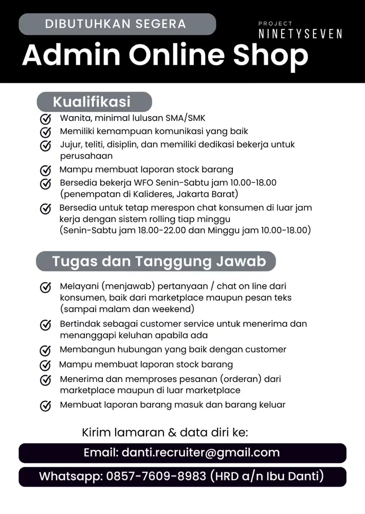 DIBUTUHKAN ADMIN ONLINE SHOP (PENEMPATAN KALIDERES, JAKARTA BARAT)