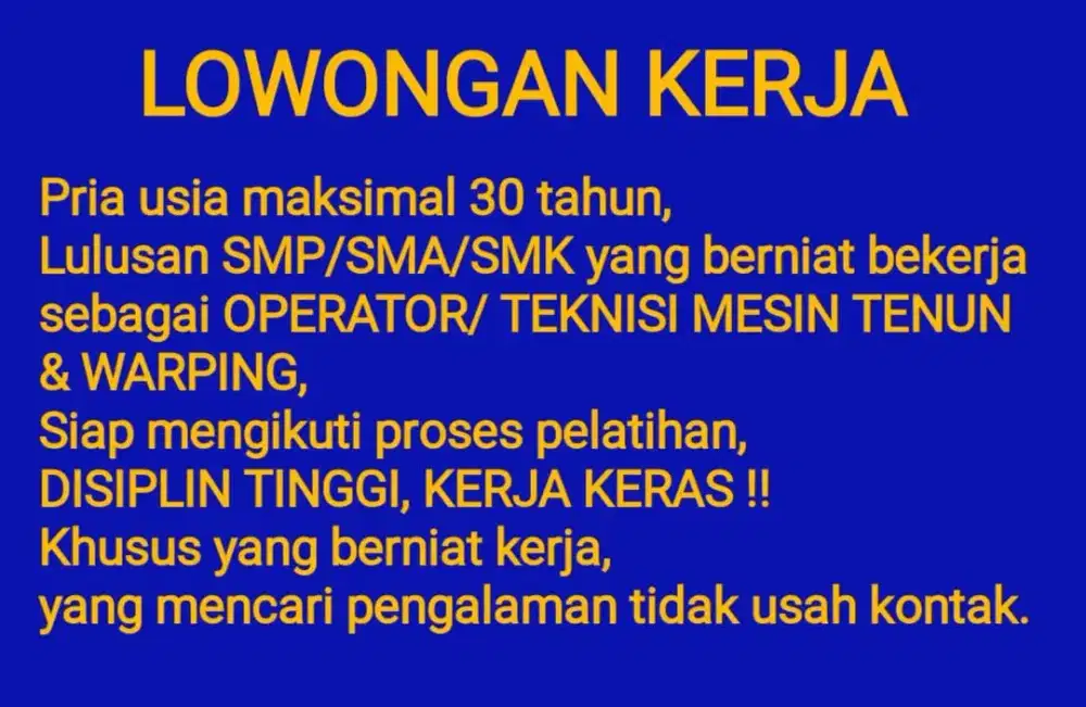 Teknisi mesin TENUN,& operator WARPING