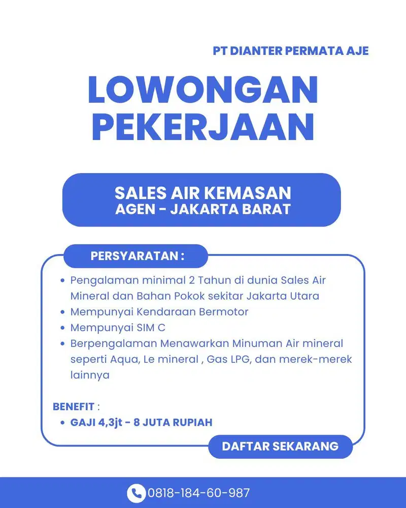 LOWONGAN SALES - AGEN AIR MINERAL KEMASAN & GAS