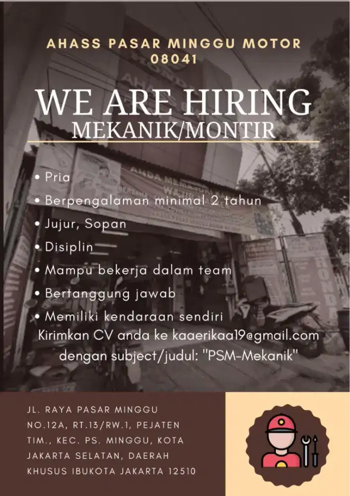 LOWONGAN MEKANIK BENGKEL MOTOR HONDA JAKSEL
