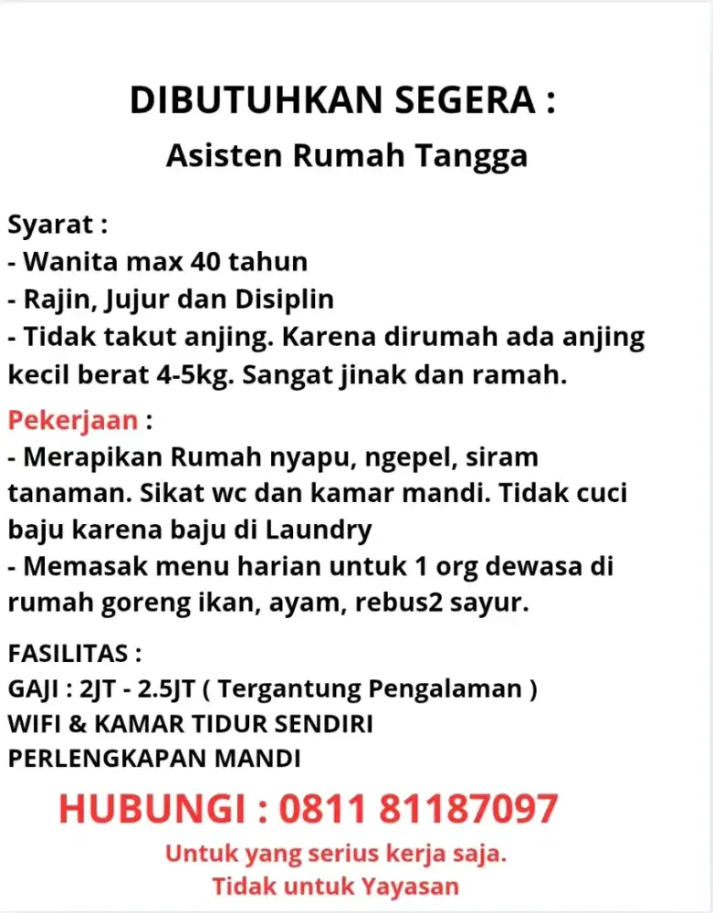 DIBUTUHKAN ASISTEN RUMAH TANGGA