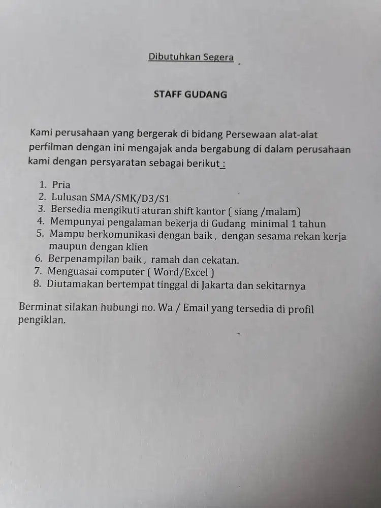 DIBUTUHKAN STAF GUDANG