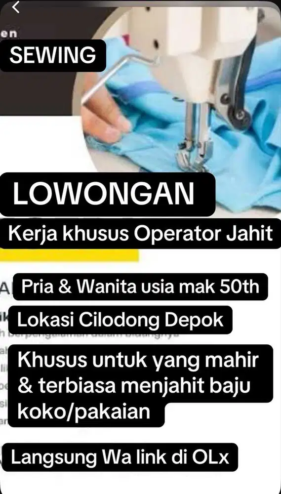 Lowongan operator jahit/sewing