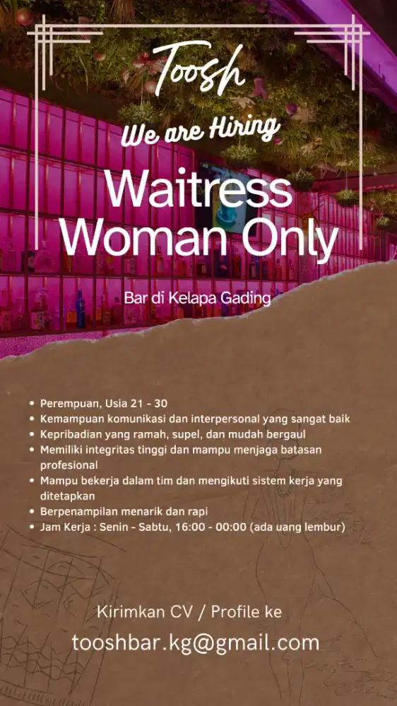 WAITRESS untuk PUB di JAKARTA UTARA