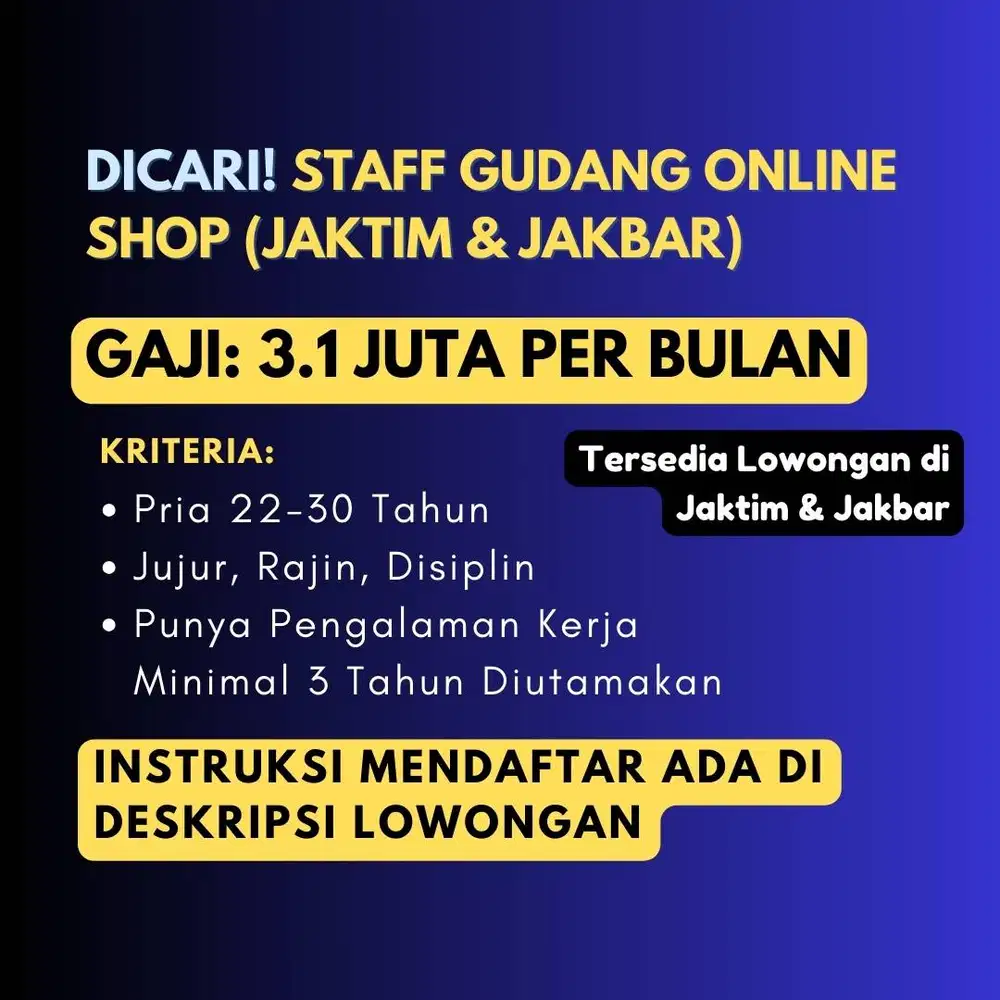 DICARI STAFF UNTUK GUDANG ONLINE SHOP RAJIN, DISIPLIN, DAN TELITI
