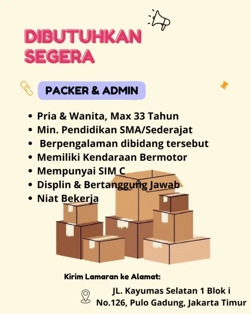 Dibutuhkan Segera Bagian Admin & Packer