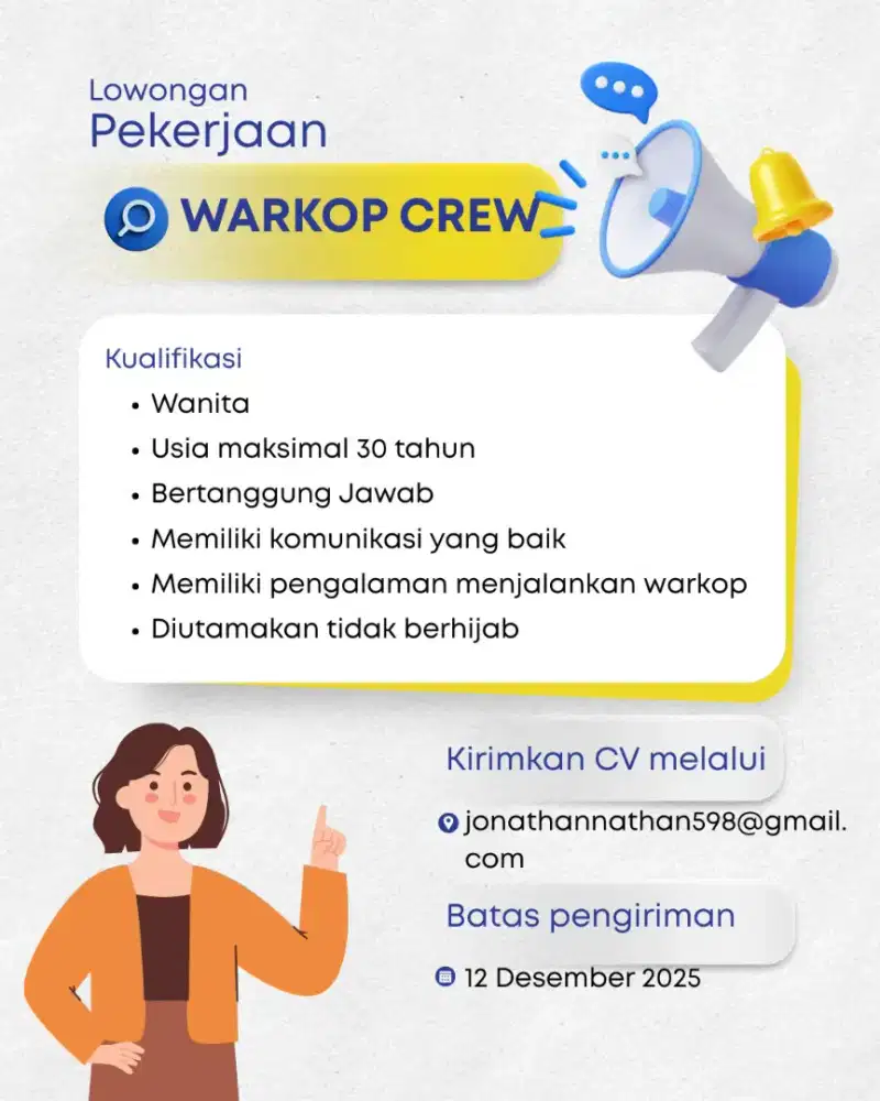 Dibutuhkan secepatnya penjaga warkop wanita