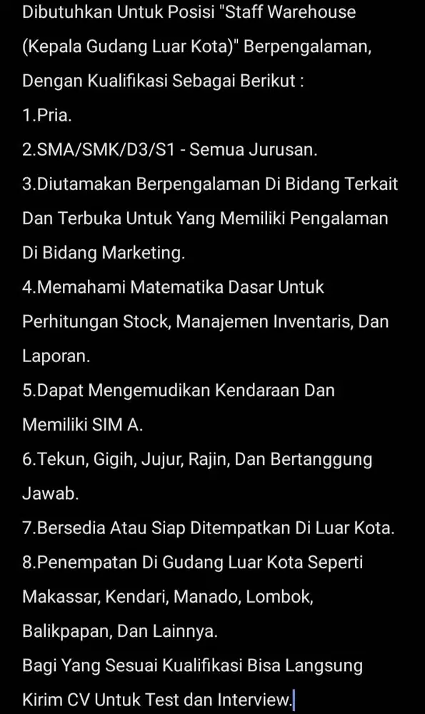 Lowongan Kerja Staff Warehouse (Kepala Gudang Luar Kota)