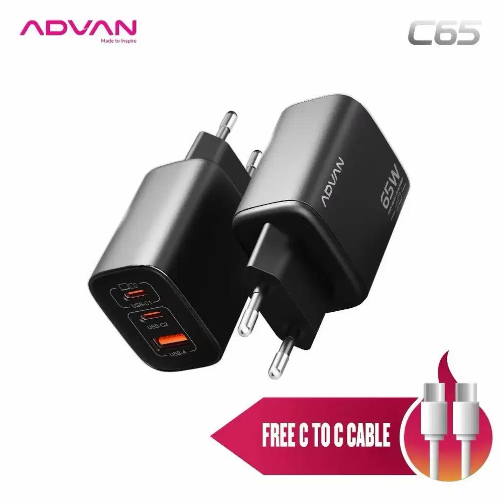 Charger ADVAN C65 Free Kabel Type-C 65W safe charge Gan Technology