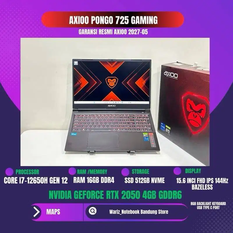 AXIOO PONGO 725 CORE I7-12650H NVIDIA RTX 2050 RAM 16GB SSD 512GB 15.6
