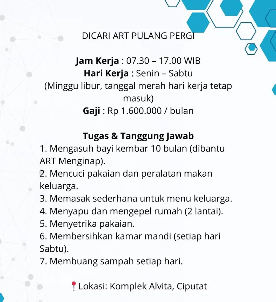 Dibutuhkan ART ( Asisten Rumah Tangga) PP