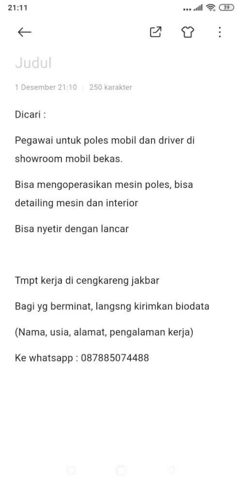 Lowongan kerja poles mobil dan driver showroom cengkareng jakbar