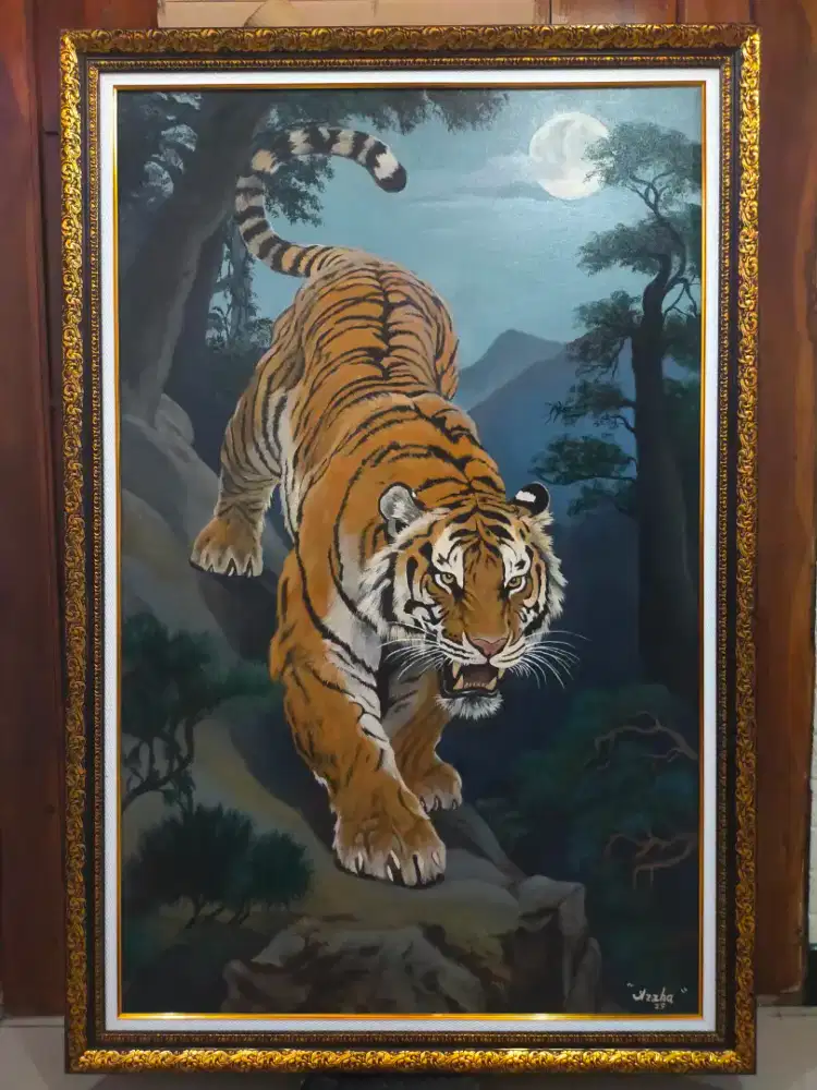 Lukisan macan di bulan purnama ukuran 150×100 cm