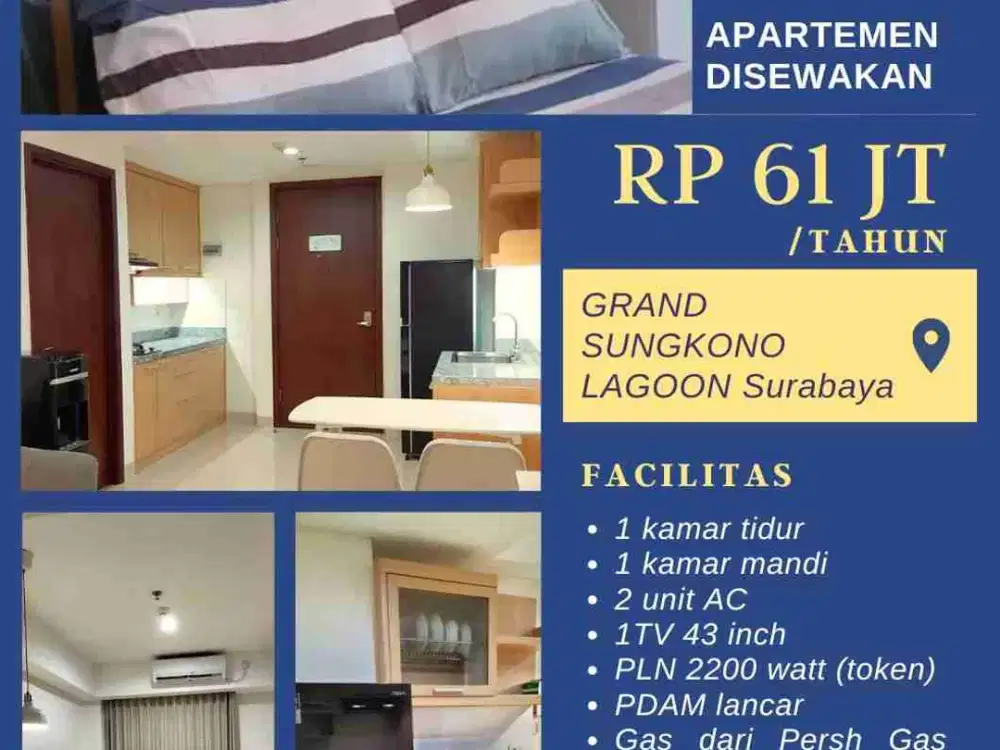 Disewakan apartment full furnished mewah 1br grand Sungkono lagoon gsl laves