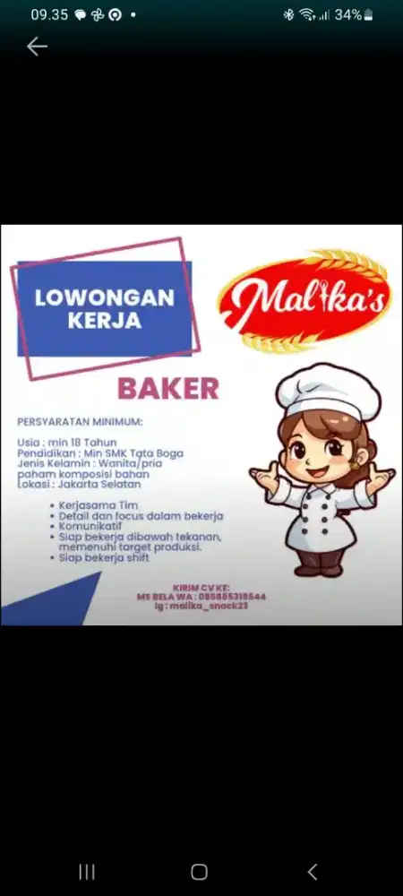 Lowongan kerja baker dan administrasi