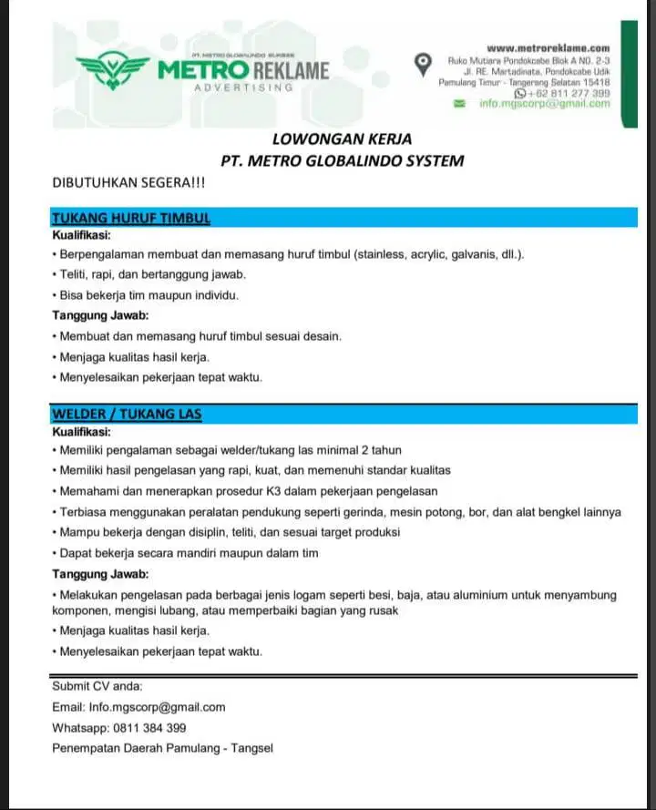 Dibutuhkan Tukang Las dan Tukang Huruf Timbul