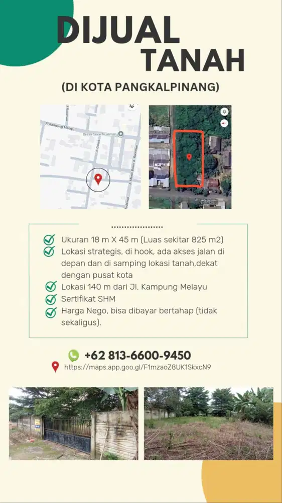 Jual Tanah, Kota Pangkal Pinang, lokasi strategis, luas 825 m2, SHM