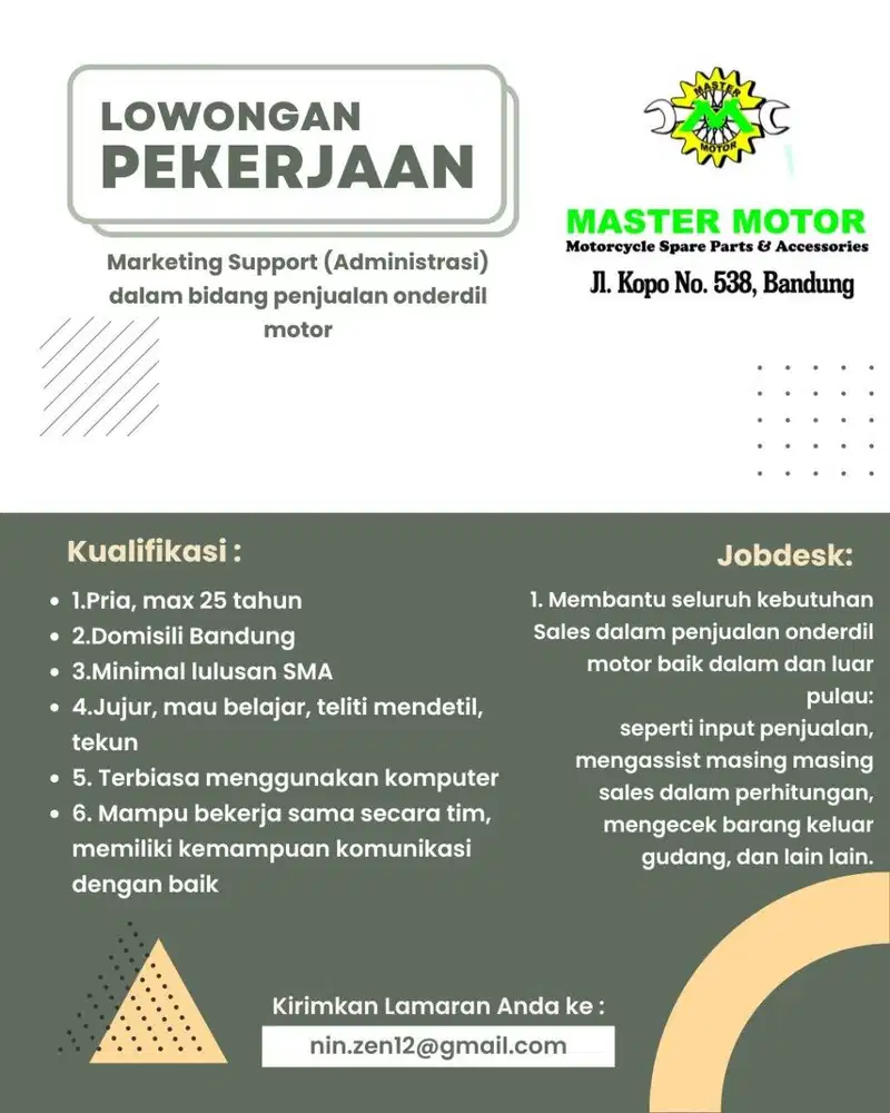 ADMIN MARKETING SUPPORT ADMINISTRASI ONDERDIL MOTOR BANDUNG PRIA SMAD3