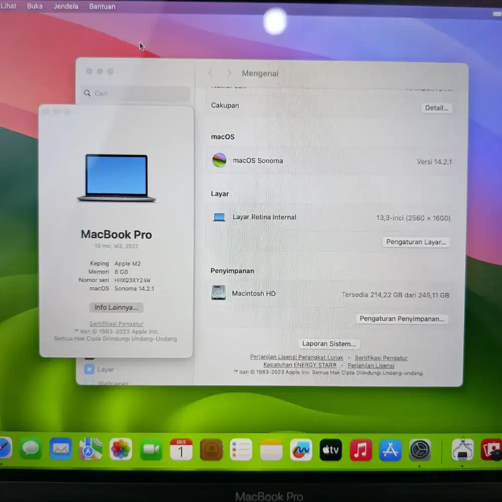 Macbook Pro M2 Ram 8 Ssd 256 Layar 13 inch Full set Space Grey editing