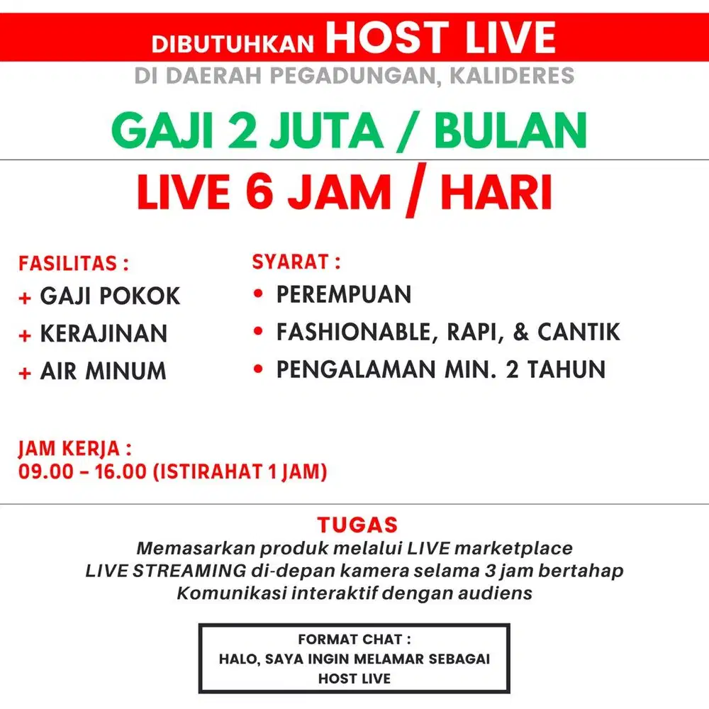 LOKER LIVE HOST 6 JAM DI PEGADUNGAN KALIDERES