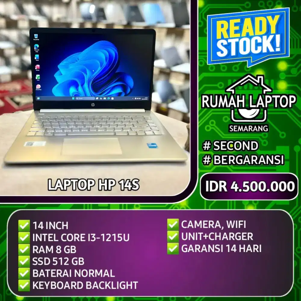 Laptop HP 14s. Core i3 gen 12. ram 8gb. ssd 512gb. bergaransi.