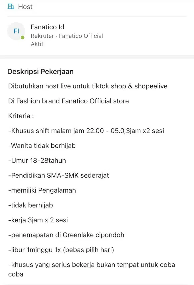 Loker Host live Fashion