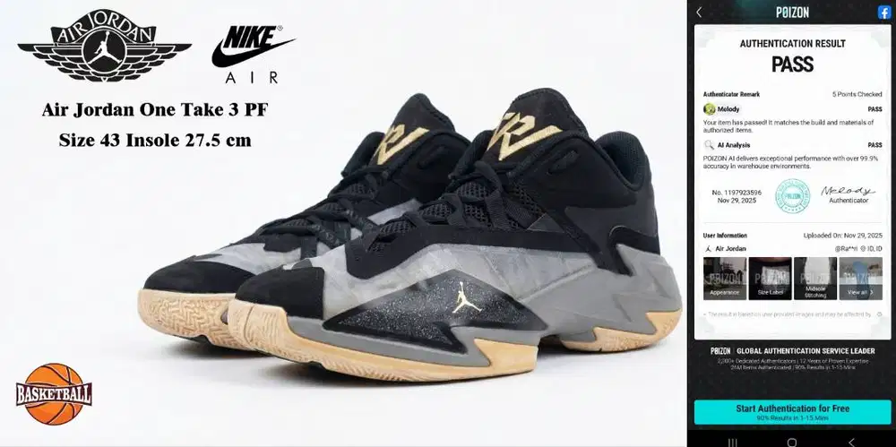 Jordan One Take 3 Size 43 insole 27.5 cm Original