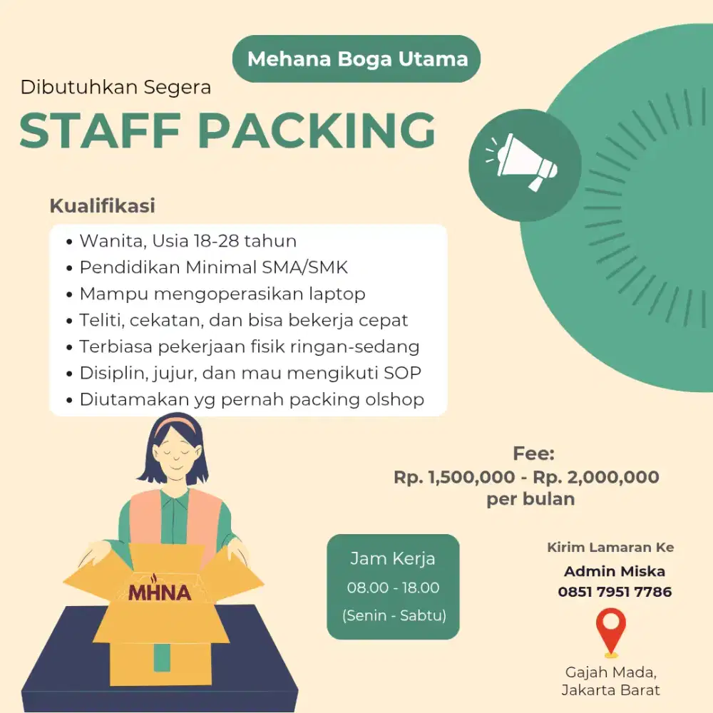 Dibutuhkan Staff Packing Olshop - Khusu Wanita