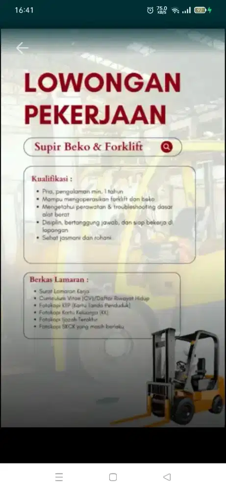 Operator forklift & admin bengkel