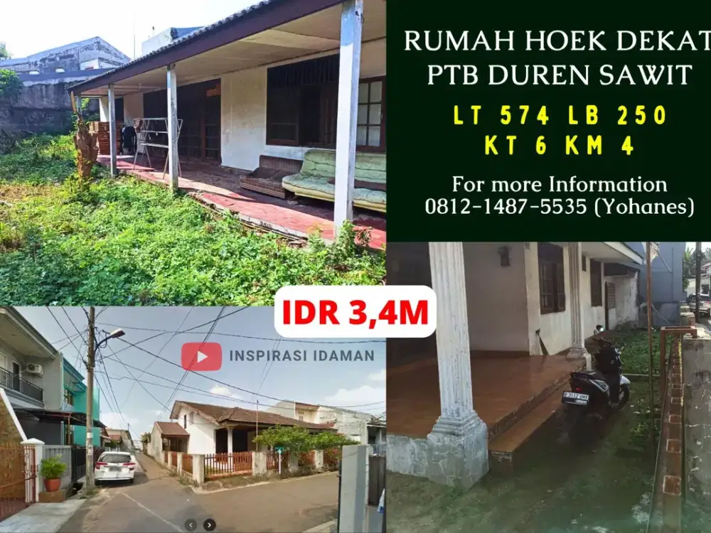 Rumah Hoek 574mtr dekat PTB Duren Sawit
