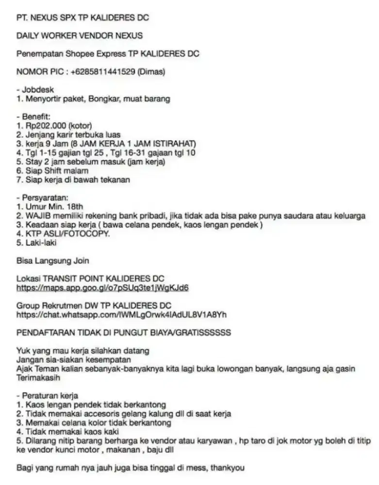 LOWONGAN KERJA DW TRANSIT POINT KALIDERES DC NEXUS