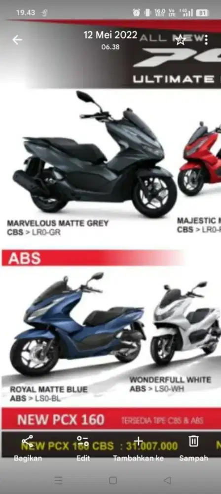 Di jual cepat PCX 160 matte blue ABS , minus pemakaian