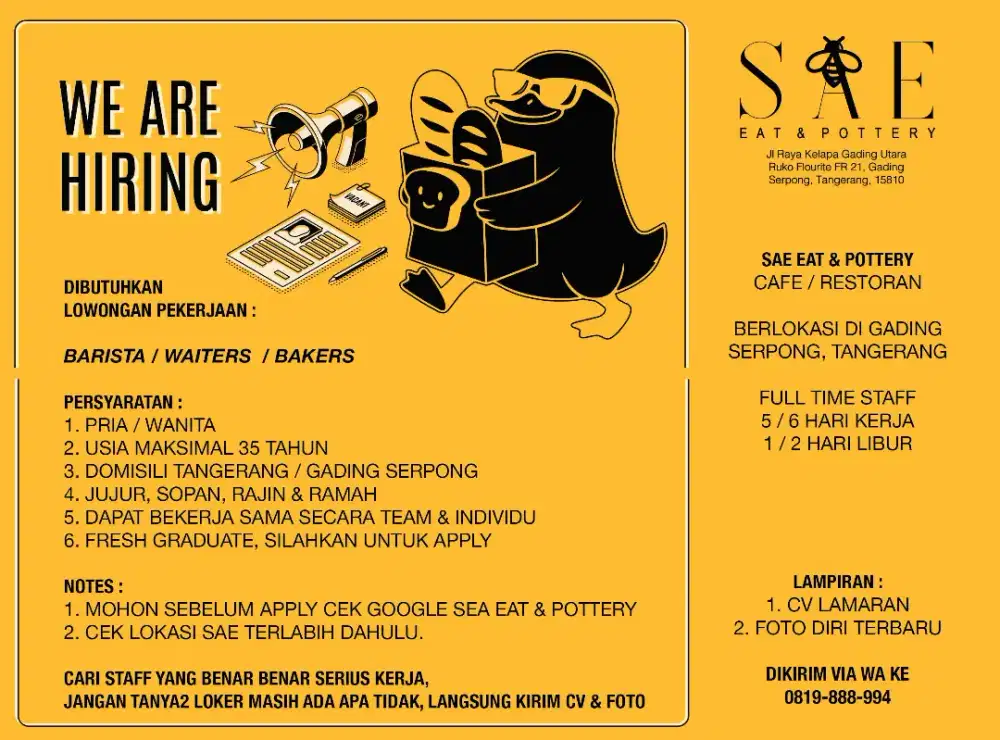 LOWONGAN BARISTA / WAITERS / BAKERS