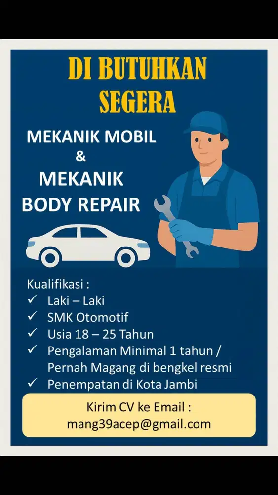 Lowongan kerja MEKANIK general + mekanik body paint